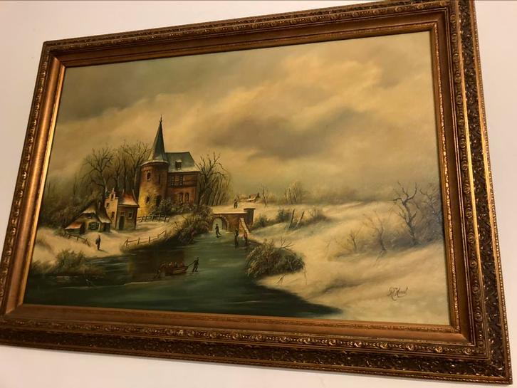 Olieverfschilderij Winters Landschap R. Korst, Antiek en Kunst, Kunst | Schilderijen | Klassiek, Ophalen
