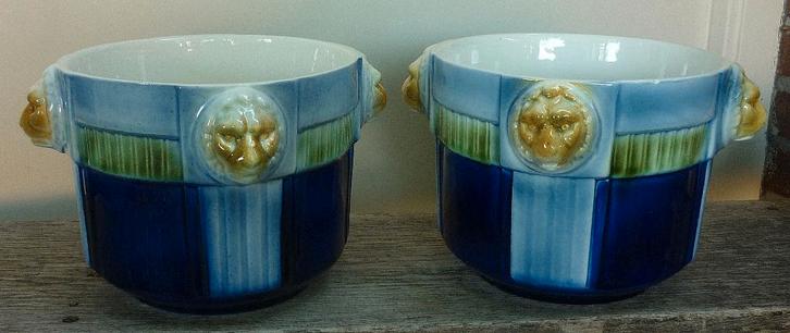 2x Antieke Majolica Leeuwenkop Bloempot Bloempotten, Tuin en Terras, Bloempotten, Gebruikt, Aardewerk, Binnen, Minder dan 40 cm