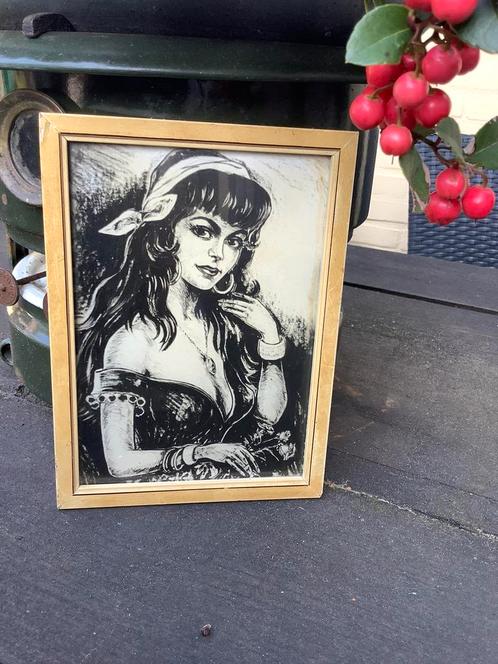 Brocante prent zigeunermeisje/gipsy girl fifties, Antiek en Kunst, Curiosa en Brocante, Ophalen of Verzenden