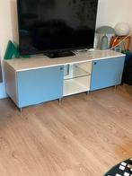 Vintage wooden TV stand with silver hardware in blue, Ophalen, 150 tot 200 cm, Zo goed als nieuw, Glas