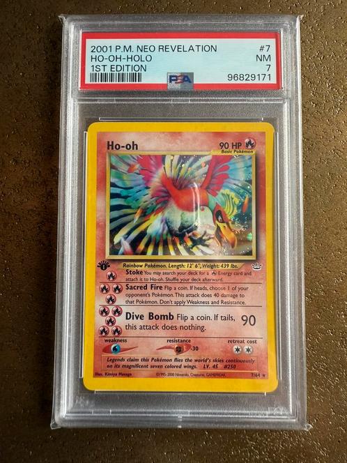 1st Edition Ho-oh 7/64 (PSA 7) + Swirl! - Neo Revelation, Hobby en Vrije tijd, Verzamelkaartspellen | Pokémon, Zo goed als nieuw