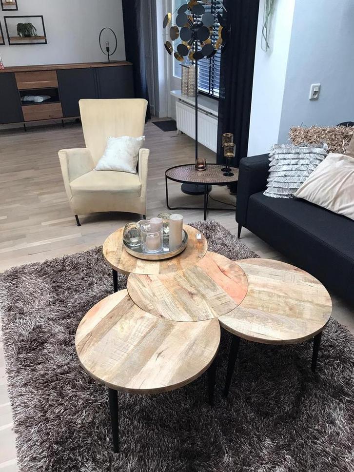 Industriële Salontafel (Set Van 4 Tafels) - Mangohout, Huis en Inrichting, Tafels | Salontafels, Nieuw, 50 tot 75 cm, 50 tot 100 cm
