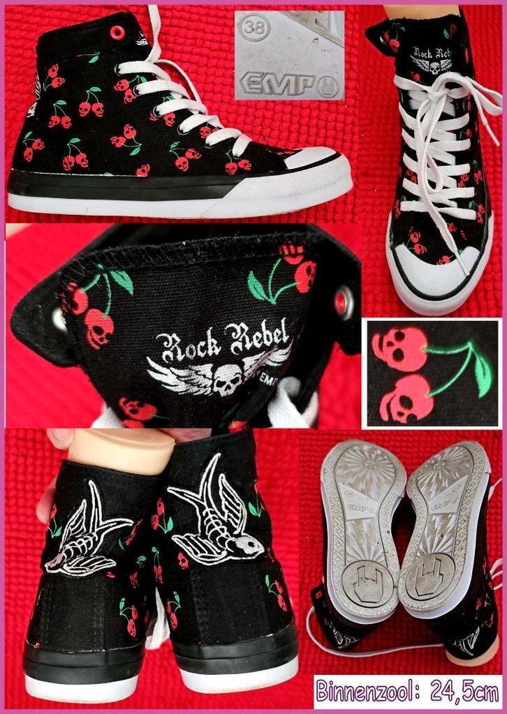 ROCK REBEL zwarte gothic gympen met kersen print maat 38, Kleding | Dames, Schoenen, Zo goed als nieuw, Sneakers of Gympen, Zwart