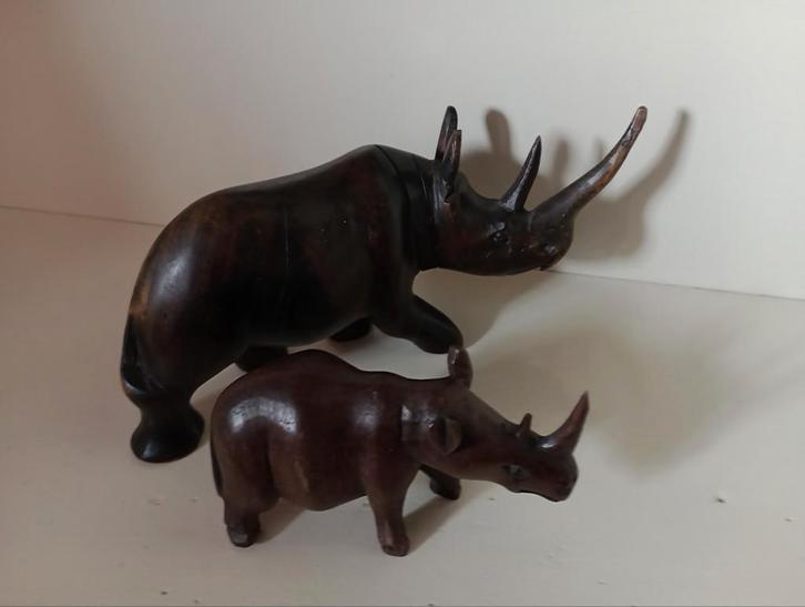 Houten Neushoorns - Set van 2, Antiek en Kunst, Kunst | Beelden en Houtsnijwerken, Ophalen of Verzenden