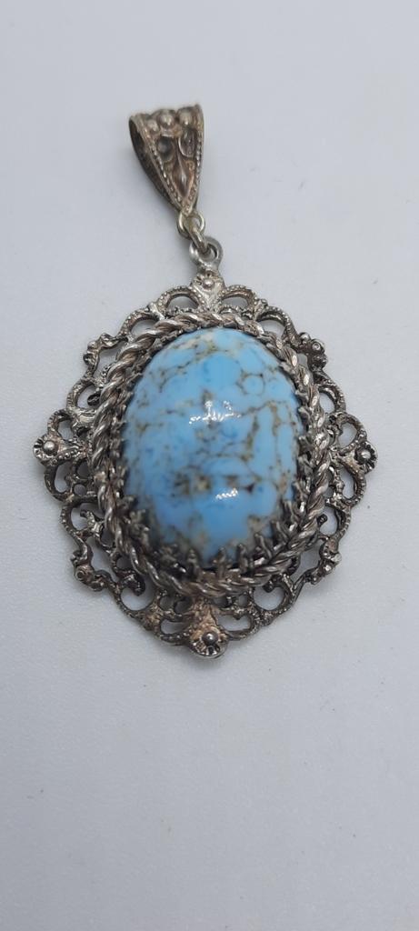 Antieke Zilveren Turquoise Hanger, Sieraden, Tassen en Uiterlijk, Kettinghangers, Ophalen of Verzenden