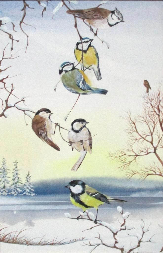 Schilderij Ari Stolk (1934-2017)  - Gouache - Mezen VERKOCHT, Antiek en Kunst, Kunst | Schilderijen | Modern, Ophalen of Verzenden