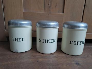 3 emaille bewaarblikken crème met groen koffie thee suiker  beschikbaar voor biedingen