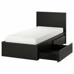 IKEA MALM Zwart houten bed met 2 laden als opbergruimte, Ophalen, 90 cm, Eenpersoons, Zwart