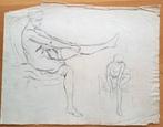 A493-43 Oude tekening Vrouw trekt kous op, Ophalen of Verzenden