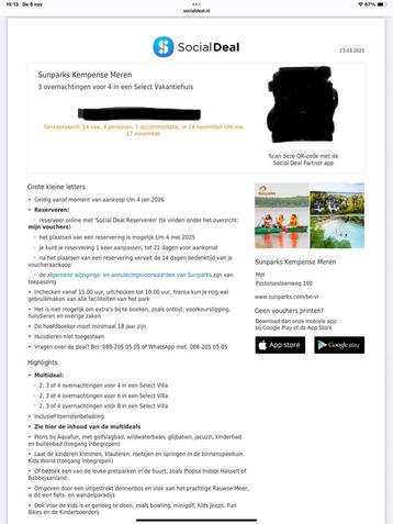 Sunparks Kempense Meren, 3 overnachtingen. 14 t/m17 Nov. beschikbaar voor biedingen