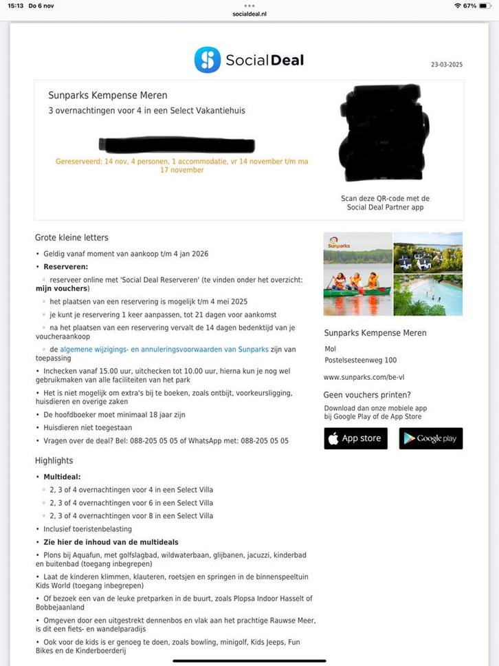 Sunparks Kempense Meren, 3 overnachtingen. 14 t/m17 Nov., Tickets en Kaartjes, Hotelbonnen, Drie personen of meer, 3 overnachtingen of meer