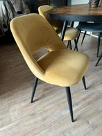 Ronde eettafel met fluwelen stoelen, Huis en Inrichting, Stoelen, Ophalen, Gebruikt, Overige kleuren, Hout