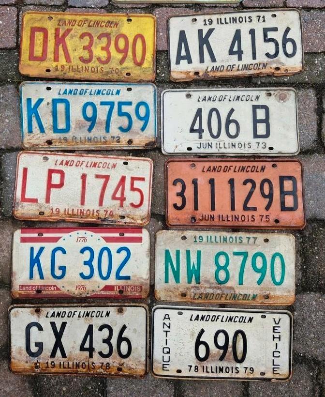 Illinois 70s kentekenplaat set USA 10 nummerborden license, Verzamelen, Automerken, Motoren en Formule 1, Zo goed als nieuw, Auto's
