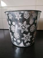 Zwart blikken bloempot met wit wintermotief, Rond, Zo goed als nieuw, Metaal, Tuin
