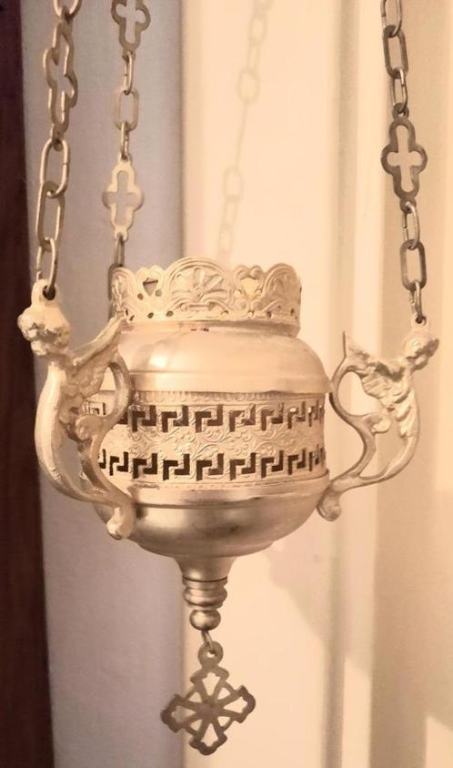 Antiek goudverguld koper godslampje met engelen kopjes, Antiek en Kunst, Antiek | Religie, Ophalen of Verzenden