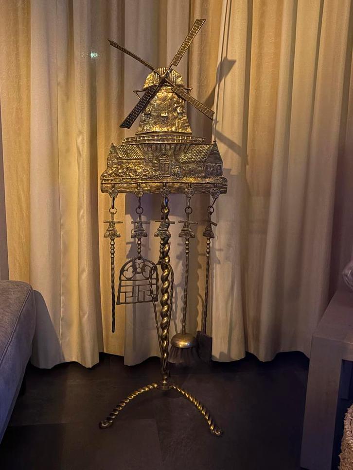 Antiek Koperen Haardstel met Molenthema, Antiek en Kunst, Antiek | Koper en Brons, Koper, Ophalen of Verzenden