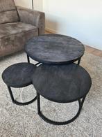 Set van 3 salontafels – mango hout, zwart metalen onderstel, Ophalen, 50 tot 100 cm, Rond, 50 tot 100 cm