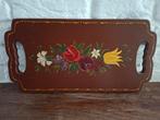 Vintage dienblad. Handgeschilderd. Bruin met bloemen. L 40cm, Ophalen of Verzenden, Zo goed als nieuw, Rechthoekig, Hout