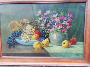 Stilleven met bloemen en fruit. W. G. v. Wel. 71/50 cm.  beschikbaar voor biedingen