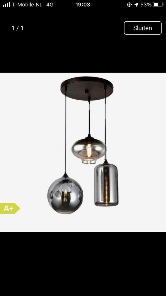 HANGLAMP SMOKE GLASS 3 LICHTS ERIC KUSTER STYLE 299€ NU 99€, Huis en Inrichting, Lampen | Hanglampen, Nieuw, 75 cm of meer, Ophalen of Verzenden