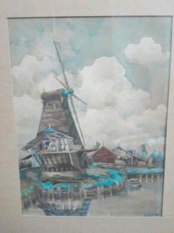 Kunstschilder Wilhelmus Broens aquarel Dordrecht molen  beschikbaar voor biedingen