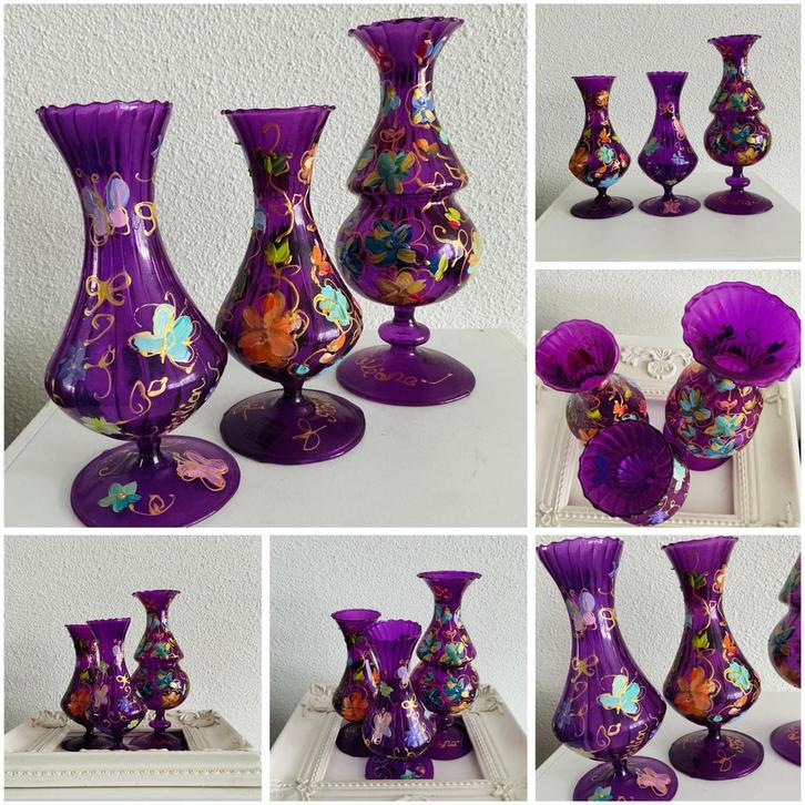 Kleintjes kunst ~ set vaasjes ~ paars herfst ~ atelier, Antiek en Kunst, Antiek | Vazen, Ophalen