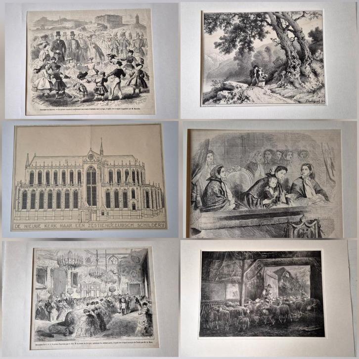 Collectie 145 etsen, gravures, litho's 19e eeuw, Fr. & NL., Antiek en Kunst, Kunst | Etsen en Gravures, Verzenden