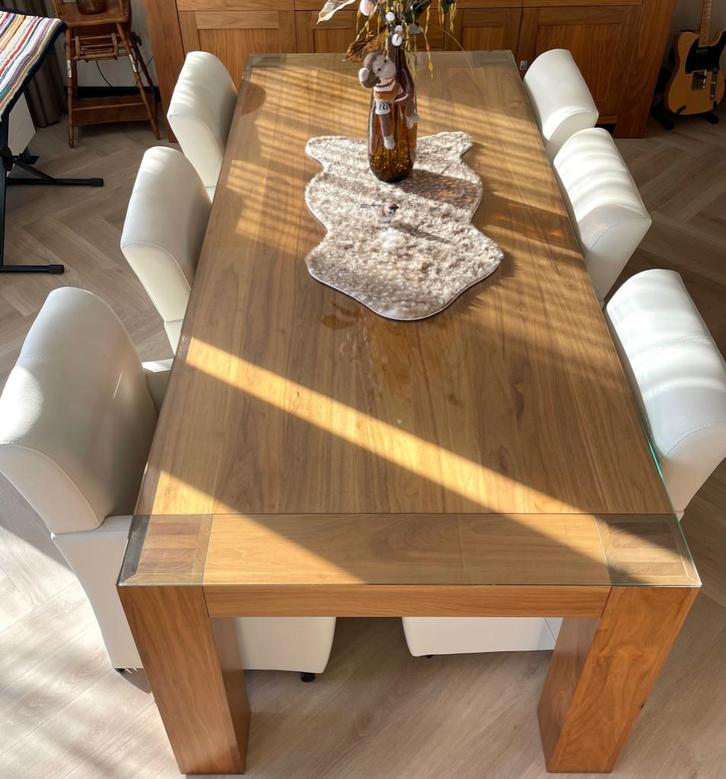 eethoek als nieuw met gratis 6 stoelen, Huis en Inrichting, Stoelen, Zo goed als nieuw, Vijf, Zes of meer stoelen, Hout, Bruin