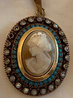 Geel gouden hanger camee parel turquaas, Ophalen of Verzenden, Goud, Hanger
