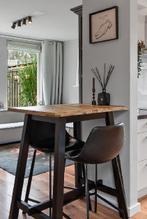 Dutchbone bartafel + 4 barkrukken leer zwart, Huis en Inrichting, Tafels | Eettafels, Ophalen, 100 tot 150 cm, 50 tot 100 cm, Zo goed als nieuw