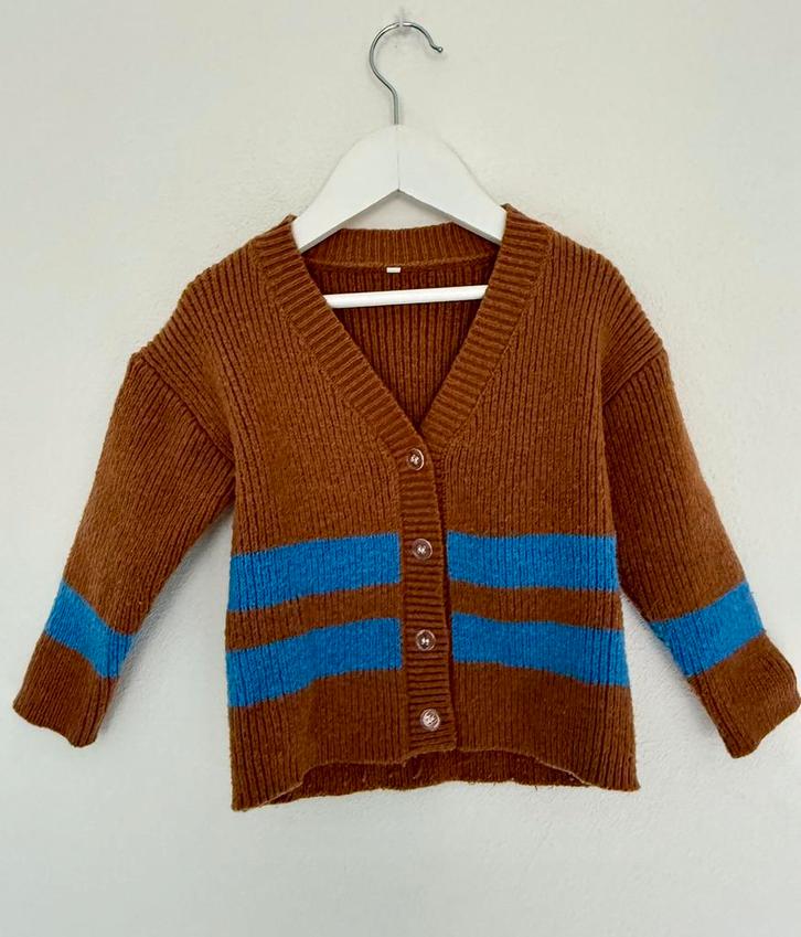 Bruin wollen knopen vest met blauwe strepen cardigan 98 104, Kinderen en Baby's, Kinderkleding | Maat 98, Zo goed als nieuw, Jongen of Meisje