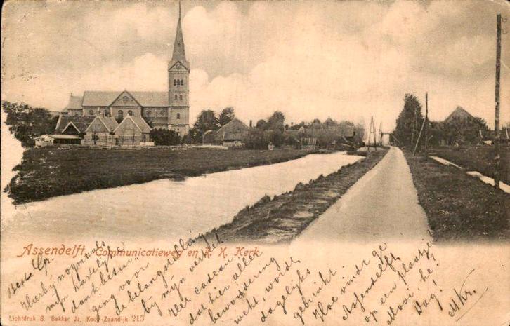 Assendelft - Communicatieweg - RK Kerk, Verzamelen, Ansichtkaarten | Nederland, Gelopen, Noord-Holland, Voor 1920, Ophalen of Verzenden