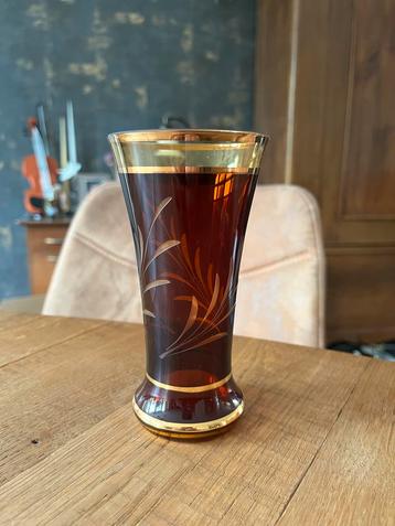 Boheemse Egermann Vaas Amber Goud Geëtst Bladmotief Tsjechië beschikbaar voor biedingen