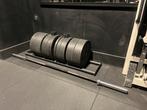 Complete set - halterschijven, halterstang en rek, Sport en Fitness, Fitnessmaterialen, Ophalen, Zo goed als nieuw, Benen, Halterset