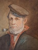 Aquarel van een zeeman met pijp th v Cina 1865 - 1940, Ophalen of Verzenden