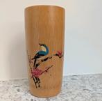 Stevige bamboe vaas met geschilderde vogel - 18 cm, Overige kleuren, Aardewerk of Porselein, Ophalen of Verzenden, Zo goed als nieuw