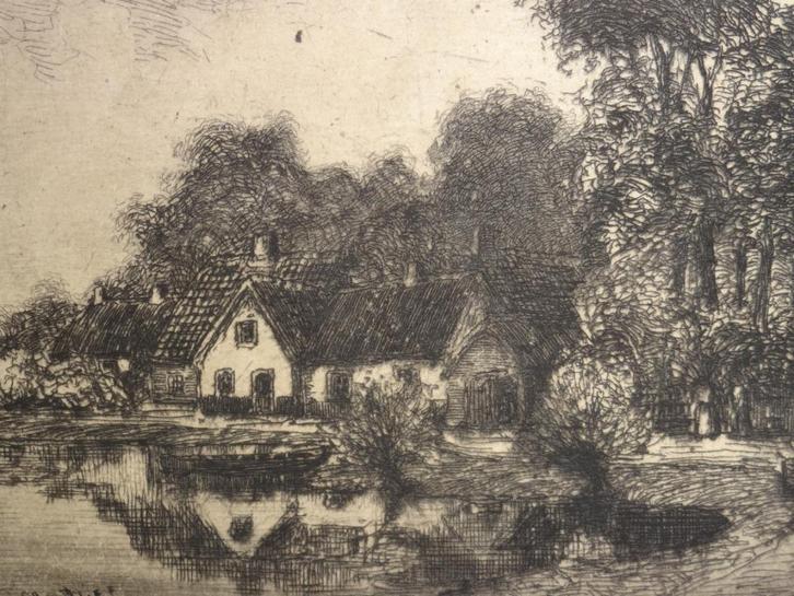 ets huis aan meer Noord of Zuid-Holland, P. Matthes, Antiek en Kunst, Kunst | Etsen en Gravures, Verzenden