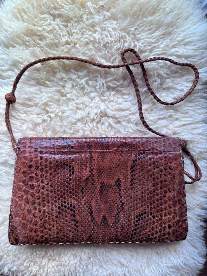 Vintage slangenleren schoudertas, Sieraden, Tassen en Uiterlijk, Tassen | Damestassen, Gebruikt, Schoudertasje, Bruin, Ophalen of Verzenden