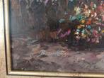 Olieverf schilderij – Bloemenmarkt in park – gesigneerd, Antiek en Kunst, Ophalen of Verzenden