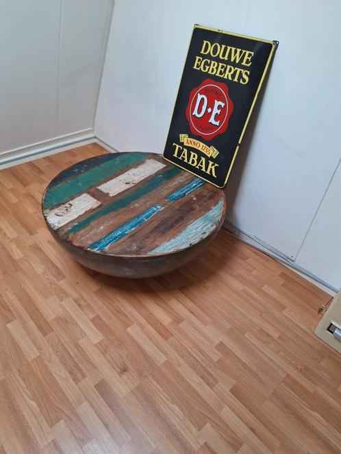 Unieke ronde sloophouten tafel met metalen onderstel, Antiek en Kunst, Antiek | Meubels | Tafels, Ophalen