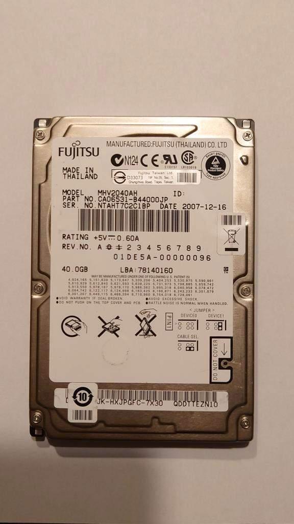 Fujitsu 40GB 5400rpm 2,5" IDE laptop harddisk, Computers en Software, Harde schijven, Gebruikt, Laptop, Intern, HDD, IDE, Ophalen of Verzenden