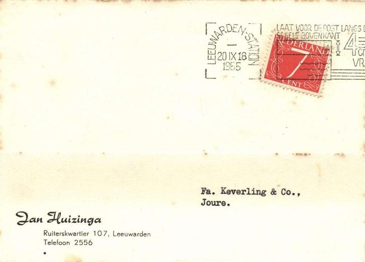 Jan Huizinga, Leeuwarden - 09.1955 - briefkaart, Postzegels en Munten, Brieven en Enveloppen | Nederland, Briefkaart, Ophalen of Verzenden
