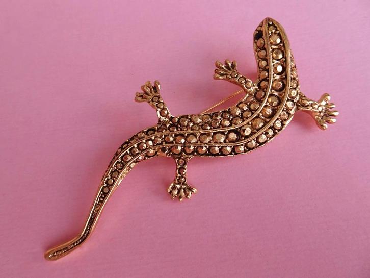 jwg XL Grote vintage 80s hagedis broche goud verguld zwart, Sieraden, Tassen en Uiterlijk, Antieke sieraden, Broche, Overige materialen