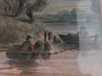 18e of 19e eeuwse aquarel haventje rivier kust roeiers brug., Ophalen of Verzenden