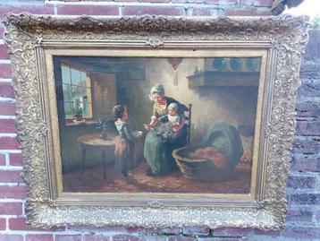 Schilderij Larens interieur, vrouw in klederdracht met kind. beschikbaar voor biedingen