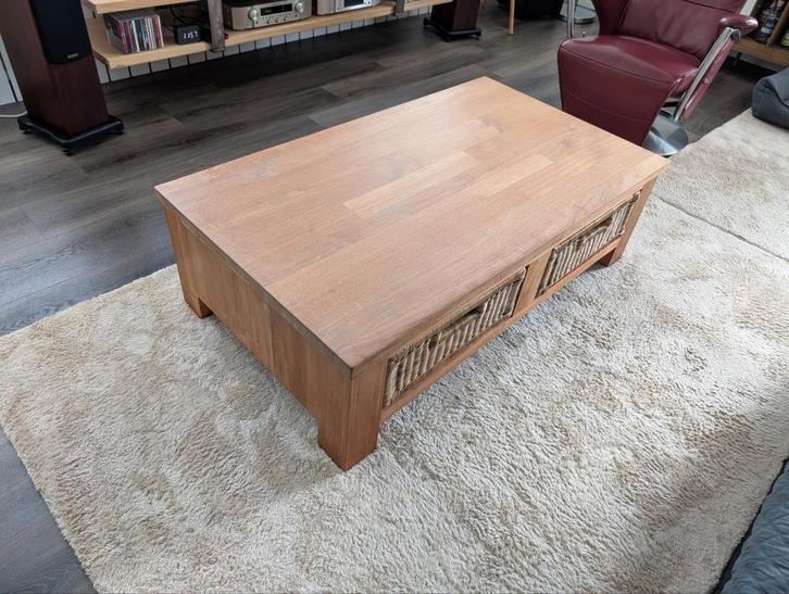 Teak houten salontafel met laden en schuiflade, Huis en Inrichting, Tafels | Salontafels, Gebruikt, Minder dan 50 cm, 50 tot 100 cm
