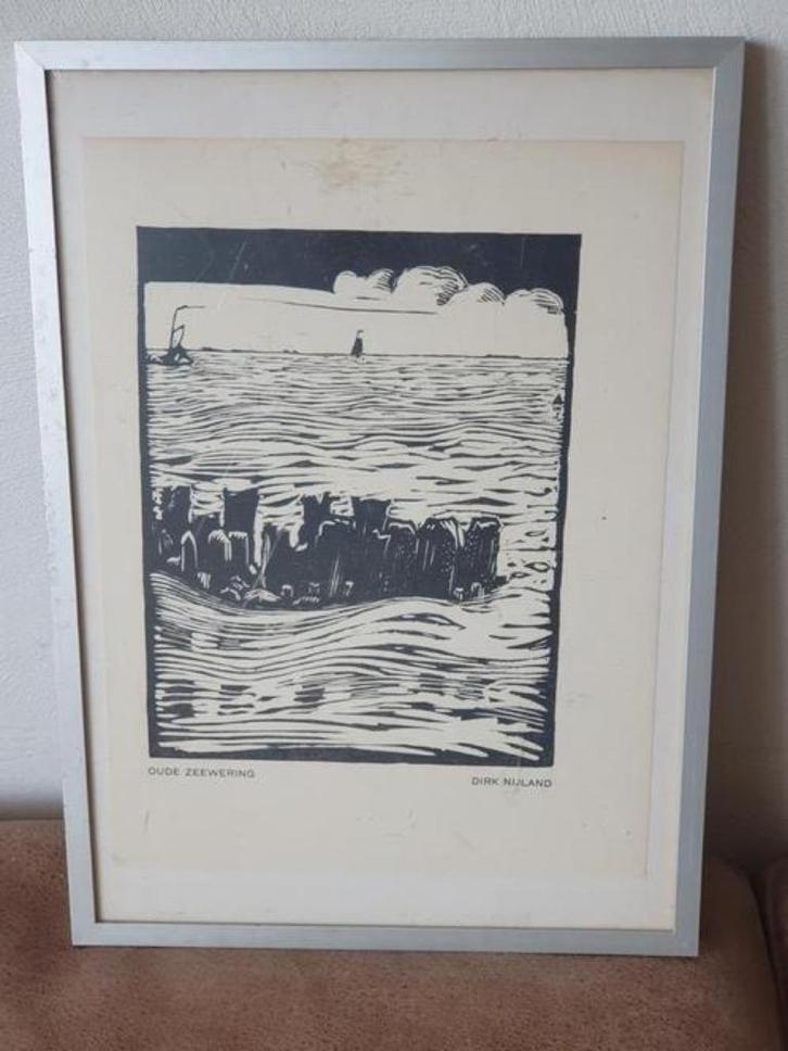 Houtsnede Dirk Nijland Oude Zeewering, Antiek en Kunst, Kunst | Etsen en Gravures, Ophalen