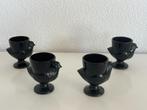 Vintage, zwarte glazen eierdopjes, 4 in de vorm van een kip, Gebruikt, Overige typen, Ophalen of Verzenden, Glas
