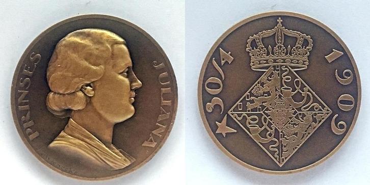 Bronzen penning prinses Juliana, Postzegels en Munten, Penningen en Medailles, Brons, Nederland, Verzenden