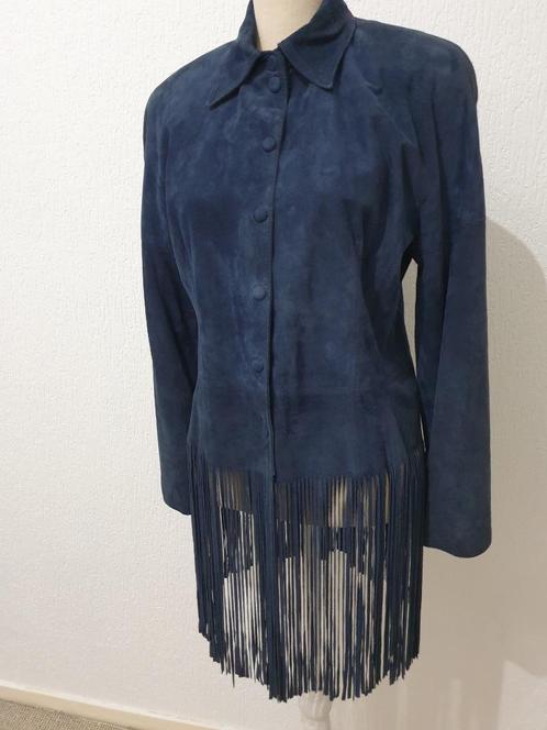 Leren jas donkerblauw met lange franjes, Kleding | Dames, Jassen | Zomer, Nieuw, Maat 42/44 (L), Blauw, Ophalen of Verzenden